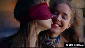 Straight girl is blindfolded and coerced by lesbian before she orgasms