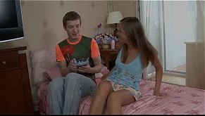 Dude feeding hot sexy chick with cock and cum shot